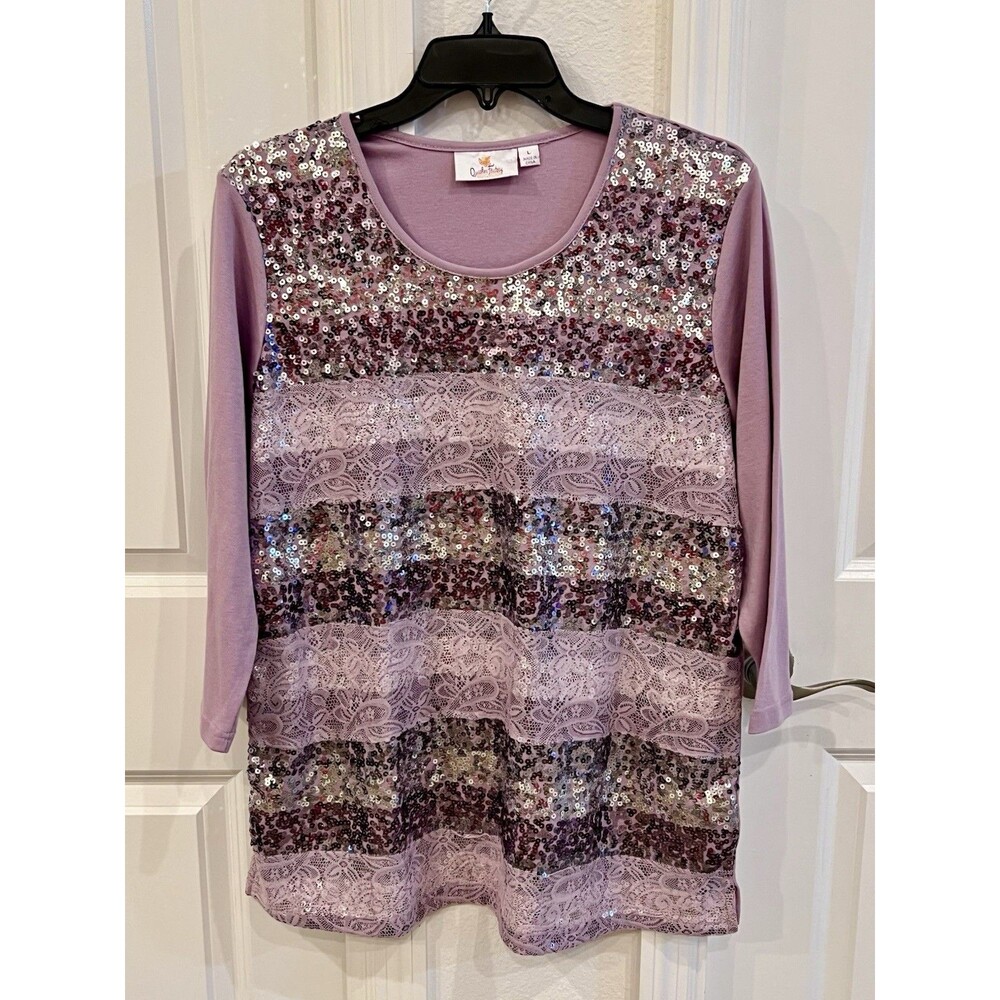 Quacker Factory Lilac Purple Sequin Knit Top Size Large